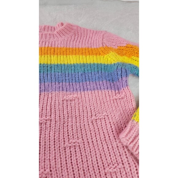 Chunky Knit Pink Sweater with Rainbow Striped Sleeves Cozy Warm Pullover Size S - Picture 5 of 7